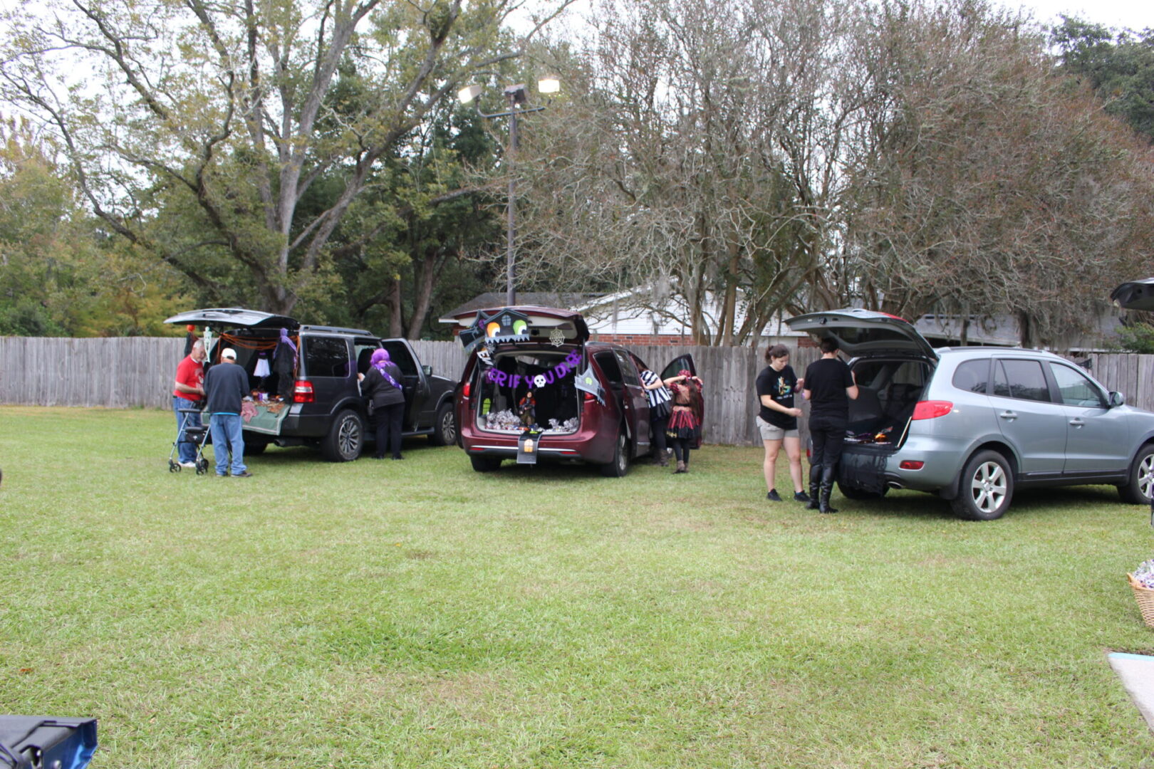 A group of people standing around parked cars.